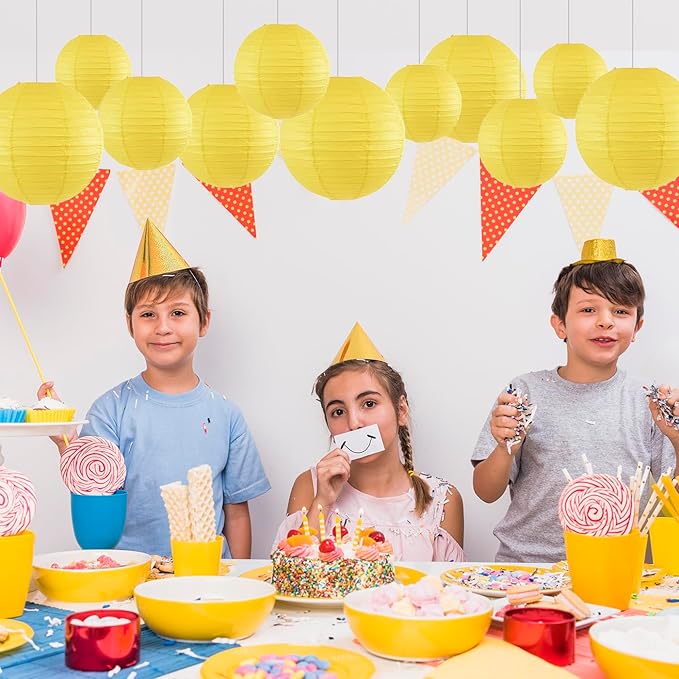 12Pcs Round Paper Lanterns Assorted Sizes (6" 8" 10" 12") for Home Decor, Restaurant, Church, Wedding, Birthday Party Decorations, Hanging Chinese Japanese Paper Lantern Lamps (Yellow)