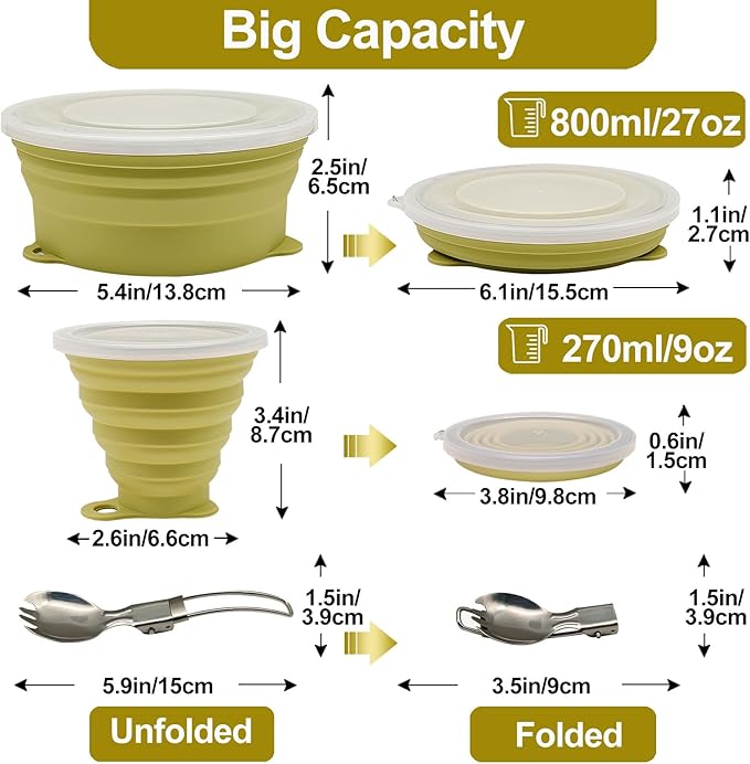 Mess Kit for Camping Silicone Collapsible Bowl Collapsible Cup and Stainless Steel Spoon for Backpacking Outdoor Hiking Traveling and Picnic