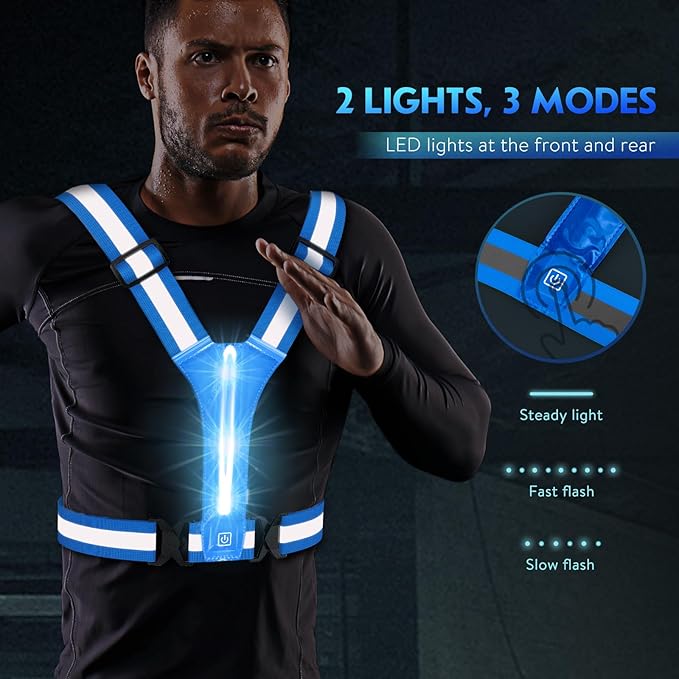 Simket Led Reflective Vest Running Gear, High Visibility Reflective Running Gear Rechargeable Adjustable Led Running Vest, Safety Night Running Gear for Men Women