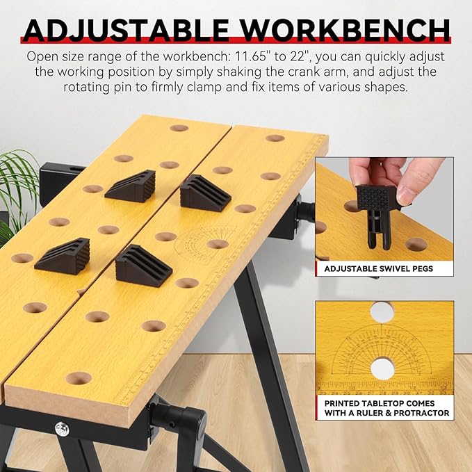 Auto Dynasty Adjustable Workbench with Built-in Ruler & Protractor, 3 Angles Folding Portable Work Table (13"-24"), 220lbs Load Capacity, Multipurpose Vise Workbench for Woodworking, Garage, and DIY