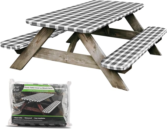 Picnic Table Cover and Bench Covers, Fitted Tablecloth Cover with Elastic Edge, Water and Oil Proof, for Outdoor, Garden, Camping, 96x30 Inch, 3 Pieces Set, Black & White