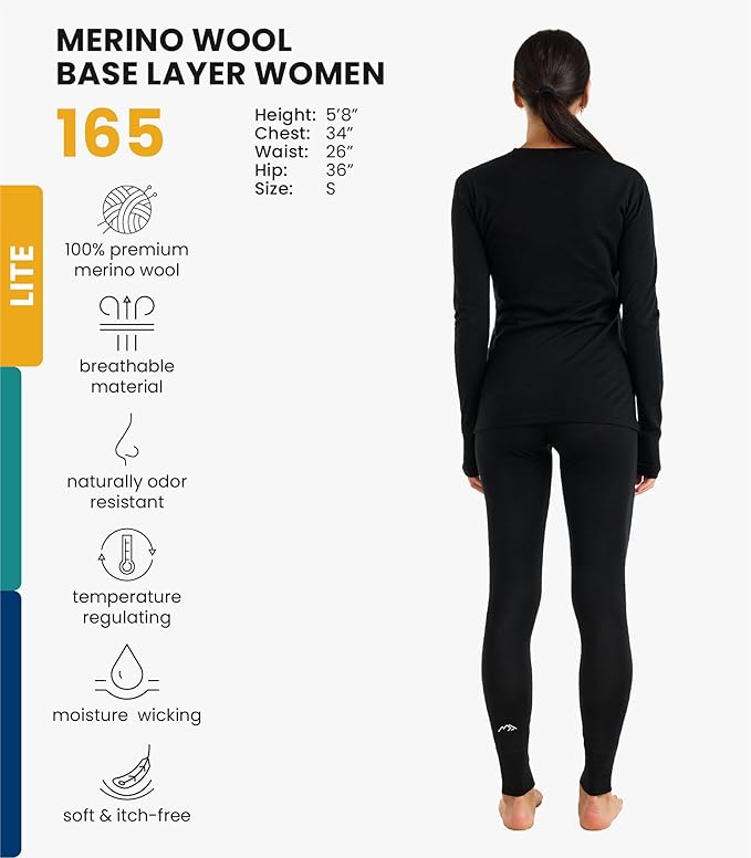 Merino.tech Merino Wool Base Layer Women Set - Heavyweight, Lite, Midweight Merino Thermal Underwear For Women Top, Bottom