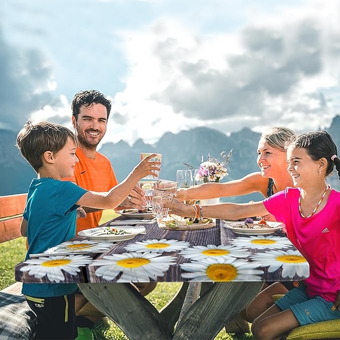Picnic Table Cover with Bench Covers Elastic Edges, Chamomile Flower Fitted Table Cover, Outdoor Patio Camping Essentials 96 Inch 3PCS, Waterproof Camping Fitted Tablecloth with Drawstring Bag