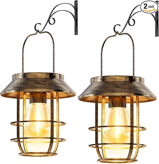 Solar Lanterns Outdoor Waterproof, High Brightness Hanging Solar Lights for Outside with Wall Hooks, Retro Metal Outdoor Lanterns Auto On/Off for Porch, Patio, Yard Decor 2 Pack