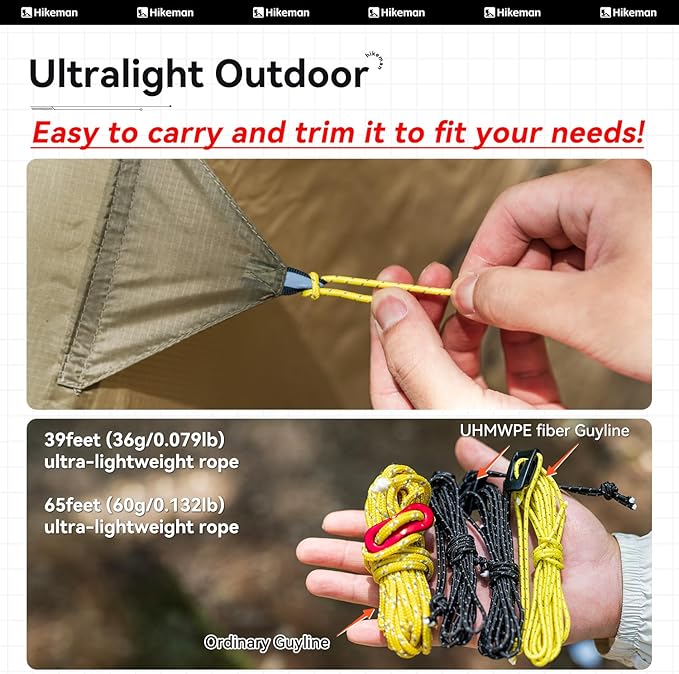 Hikeman Tent Guy Ropes 2mm-Ultralight Strong Guy Lines with Tensioner Reflective UHMWPE Fiber Tent Cord for Camping, Hiking, Backpacking Rope (Yellow, 39 Feet, 6 Tensioners)