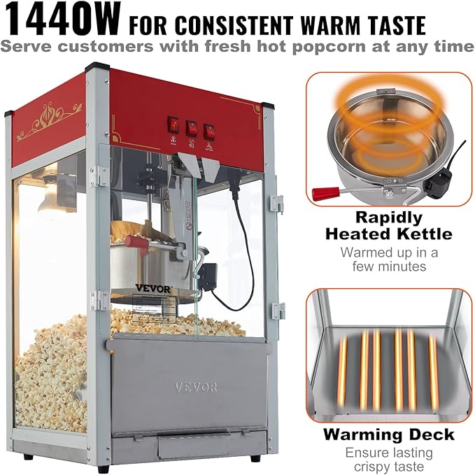 VEVOR Commercial Popcorn Machine, 12 Oz Kettle, 1440 W Countertop Popcorn Maker for 80 Cups per Batch, Theater Style Popper with 3-Switch Control Steel Frame Tempered Glass Doors 1 Scoop 2 Spoons, Red