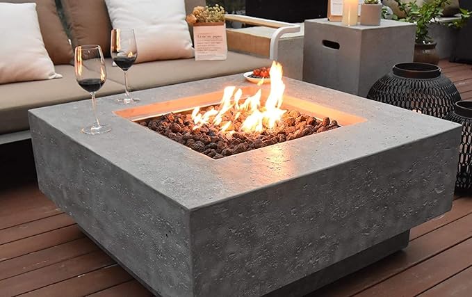 Elementi | Manhattan Gas Fire Pit Cast Concrete 36" Square Fire Table, Outdoor Fire Pit Electronic Ignition | Canvas Cover, Lava Rock Included | Light Gray (Propane Gas)
