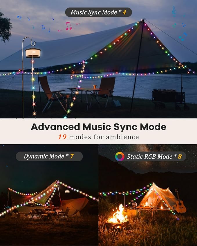 Camping String Lights – 4 in 1 Upgraded RGB Retractable Camping Lights with 19 Lighting Modes, Quick 20s Recovery, Waterproof, 33FT Portable, Rechargeable Tent Light for Camping, Hiking,Travel,Gift