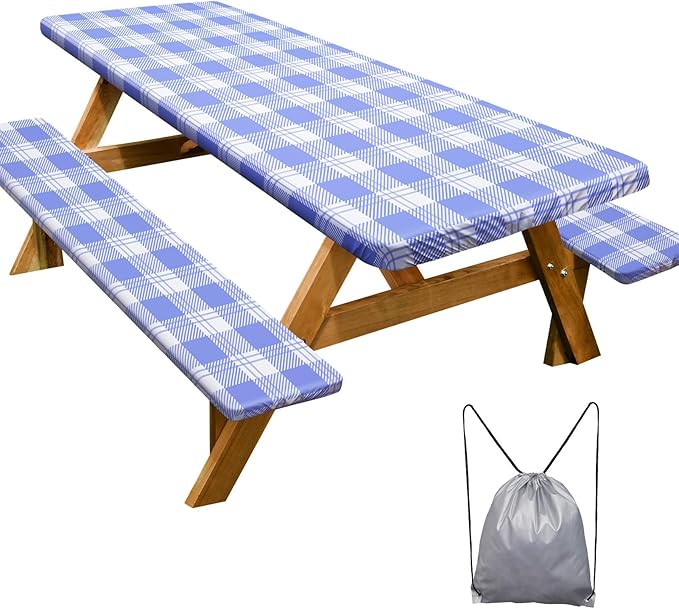 Picnic Table Cover with Bench Covers Camping Essentials Waterproof Windproof Camping Tablecloth with Drawstring Bag, Fitted Rectangle Tables and Seats, 60in, Light Blue Checkered