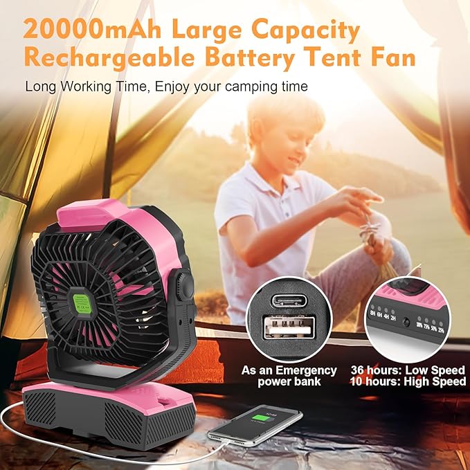 RUNTOP Oscillation Camping Fan with LED Lantern, 20000mAh Rechargeable Battery Operated Outdoor Tent Fan w/Hanging Hook, Remote Control, 4 Speeds, Personal USB Desk Fan for Camping, Jobsite (Pink)