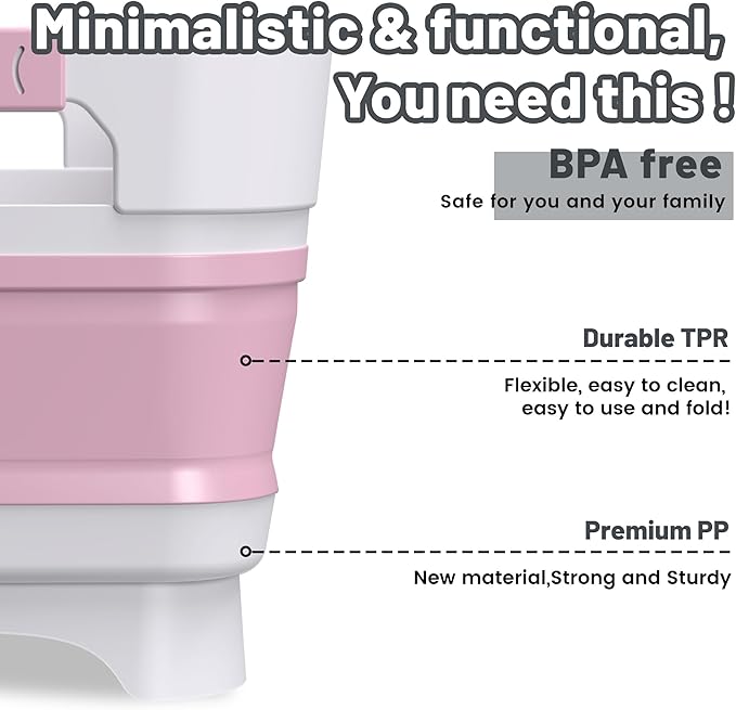 Collapsible Dish Basin, 9L Capacity, Portable Sink for Kitchen, Camping, RV, Gray (Pink)