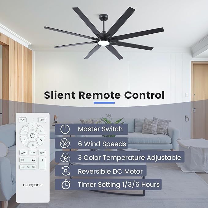 Newday 72 Inch Black Ceiling Fan with Light and Remote, Indoor/Outdoor Silent Reversible DC Motor, 6 Speeds, 3CCT, Timer, 8 Blades, 3 Downrods for Living Room, Patio, Garage