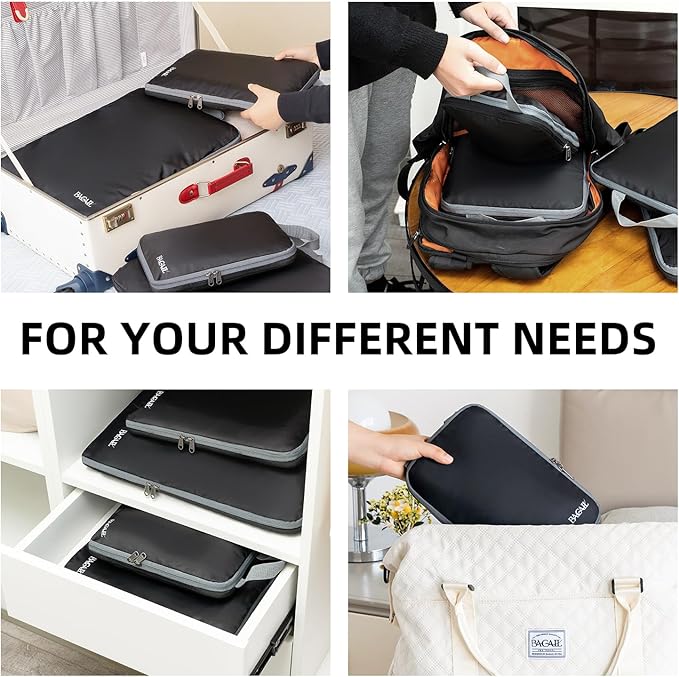 BAGAIL 4 Set/6 Set/8 Set Compression Packing Cubes Travel Accessories Expandable Packing Organizers (Cloth Pattern, 4-Black)
