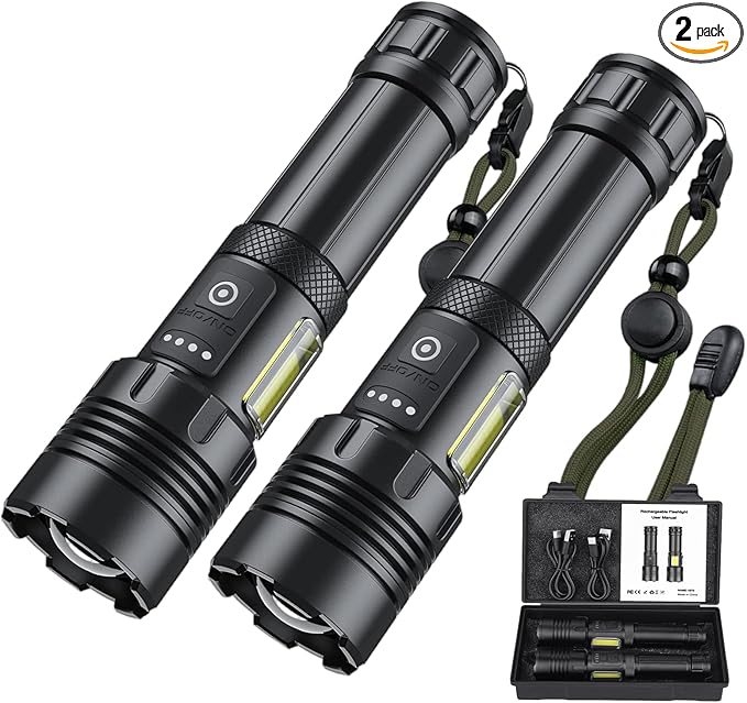 Flashlights High Lumens 2 Pack, Rechargeable Flashlight Super Bright Flash Light with Red Light,COB Work Light,IPX6 Waterproof Powerful Flashlight for Home Camping Disaster (2)