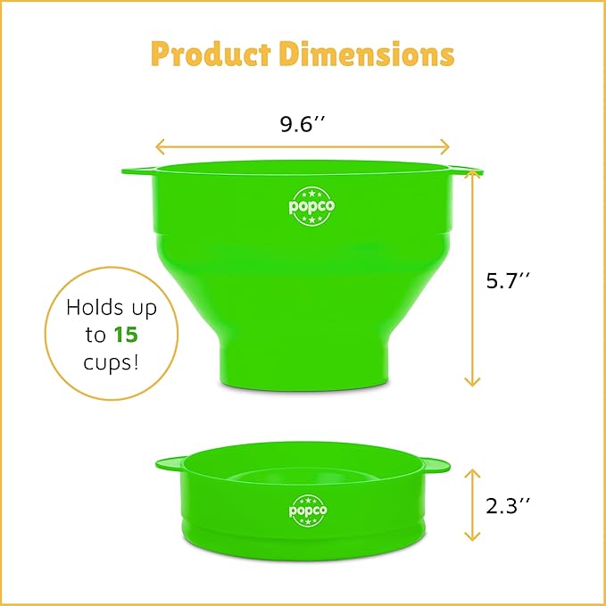 POPCO Silicone Popcorn Popper - Collapsible Microwave Popcorn Maker - Air Popper Pop Corn Bowl with Handles and Lid - Dishwasher Safe - Large 15 Cup Capacity - (Green)
