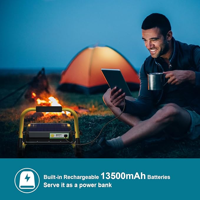 ERAY LED Construction Spotlight, LED Work Light 8000LM 13500mAh LED Work Light 2 Charging Methods / 4 Modes/Power Bank/Remote Control/Timer / 70 LED, LED Solar Construction Light for Camping