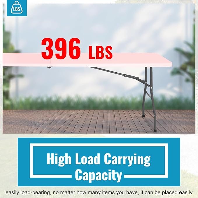 PayLessHere | 8FT Folding Table | Portable Plastic Table with Carry Handle | Waterproof & Foldable Table Design | Steel Frame with Lock | White | for Events, Camping, Indoor & Outdoor Use