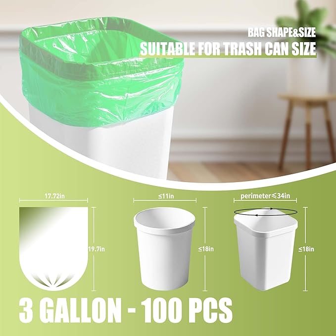Zhuqing 3 Gallon Trash Bags, 10L Biodegradable Garbage Bags, 100 Counts Compost Wastebasket Liners Bags for Kitchen Bathroom Office, Green