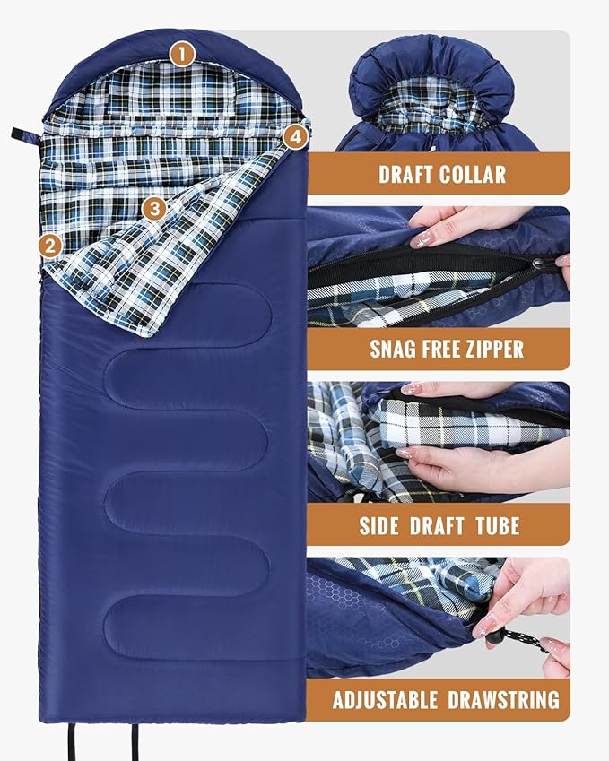 Sportneer Sleeping Bags for Adults, 0 Degree Sleeping Bag XL Flannel Winter Cold Weather Sleeping Bag with Detachable Hood Compression Sack for Camping, Backpacking, Hiking