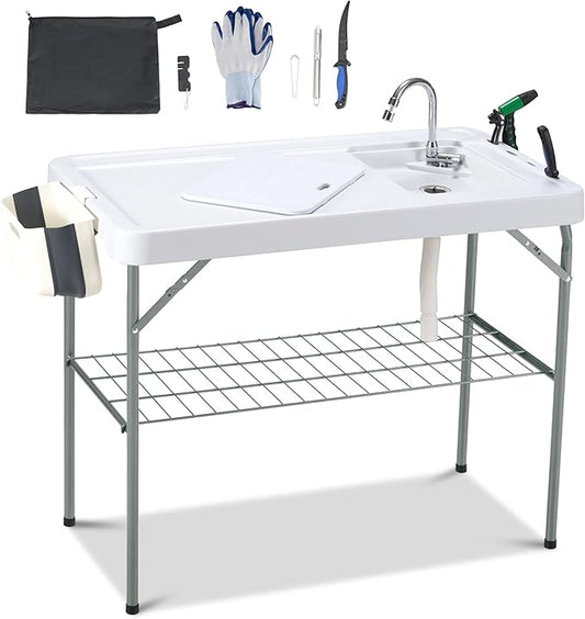 AHB 42" Outdoor Sink Fish Cleaning Table Portable Camping Table with Faucet Hose Hook Up Grid Rack, Fish Fillet Camping Sink Table with 7pc Fish Cleaning Kit for Picnic Beach Patio