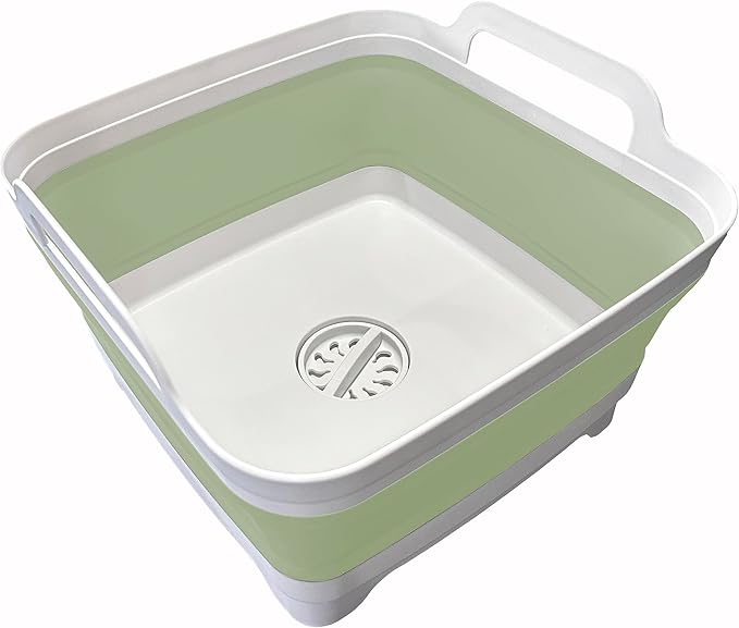 9L (2.4Gal) Dish Basin Collapsible with Drain Plug , Space Saveing Kitchen Storage Tray Dish Wash Basin, Portable Dish Tub, Foldable Dishpan for Camping ,RV,Green
