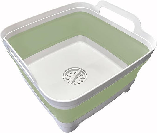 9L (2.4Gal) Dish Basin Collapsible with Drain Plug , Space Saveing Kitchen Storage Tray Dish Wash Basin, Portable Dish Tub, Foldable Dishpan for Camping ,RV,Green