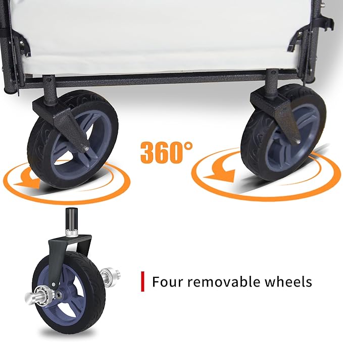 TMZ Foldable Wagon with Canopy, Collapsible Folding Wagon with Adjustable Handle Bar, Multi Functional Cart with Expansion Accessories, Front Expandable Transport Camping Wagon (Grey/Beige)