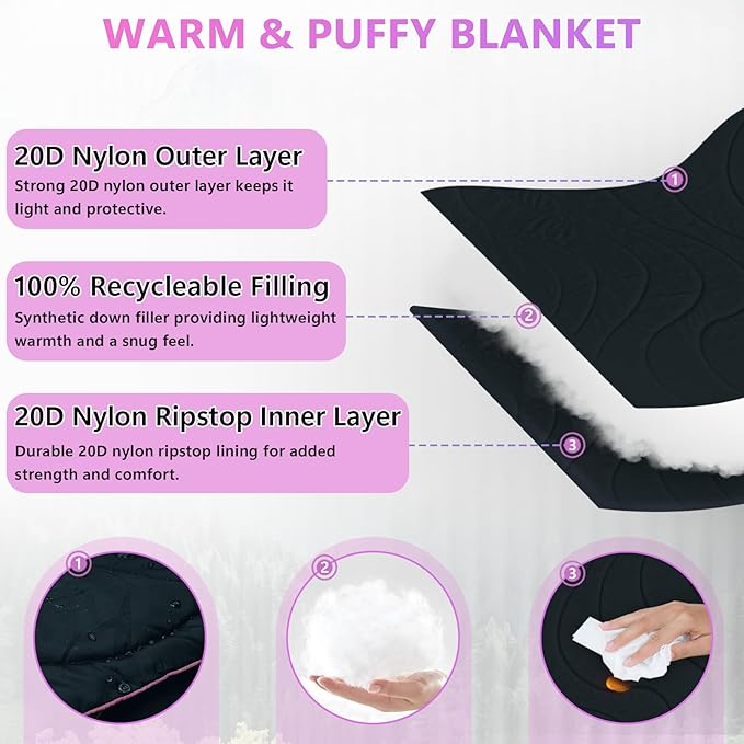 Camping Outdoor Blanket, Lightweight Packable Down Alternative Puffy Camping Picnic Blankets Warm Waterproof Hammock Top Quilt for Sleeping Travel Stadium Hiking Indoor Cold Weather 55"x78.8"