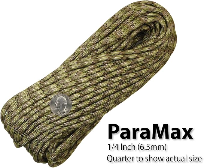 1/4" ParaMax Paracord 100 ft – 1000 lb Type IV Rope for Dog Leashes, Camping, Kayak Anchor - Made in USA - Multi Camo