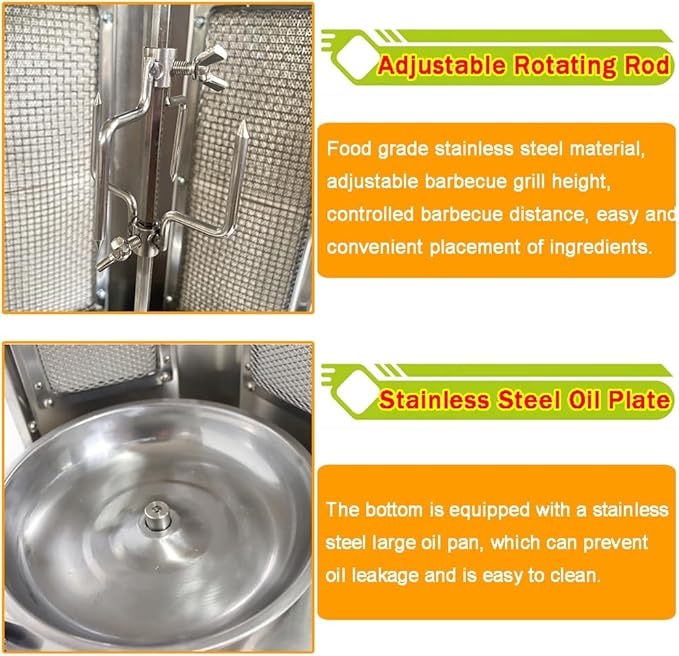 Shawarma Grill Machine LP Gas Gyro Grill Oven Vertical Broiler Rotating Doner Kebab Machine Countertop Rotisserie with 2 Burners for Home Kitchen Adjustable Tempereture