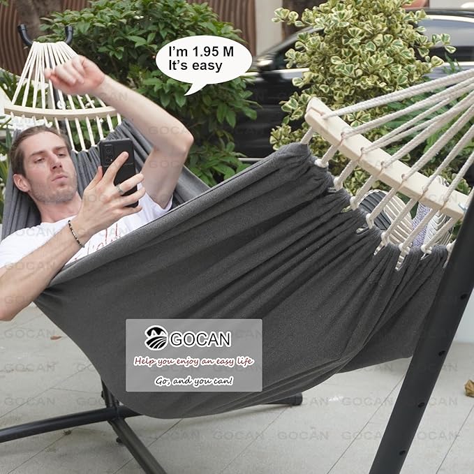 Double Hammock 2 Person Extra Large 220x150cm Total Length 330cm Load 500lb Canvas Cotton Hammock for Patio Porch Garden Backyard Lounging Outdoor and Indoor with Removable Spreader bar