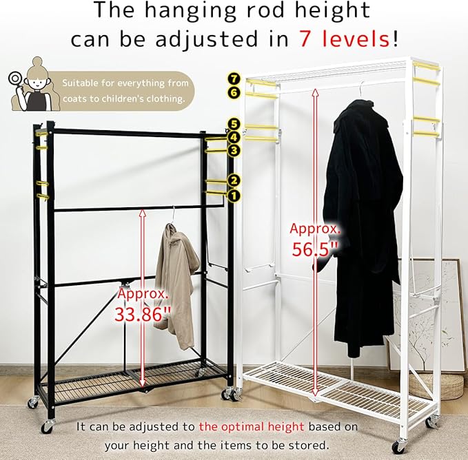 lumizone Folding Clothing Rack with Wheels Expandable Wardrobe Portable Clothes Rack for Hanging Clothes Adjustable Closet Shelves Garment Rack Durable Closet Racks for Hanging Clothes(White)
