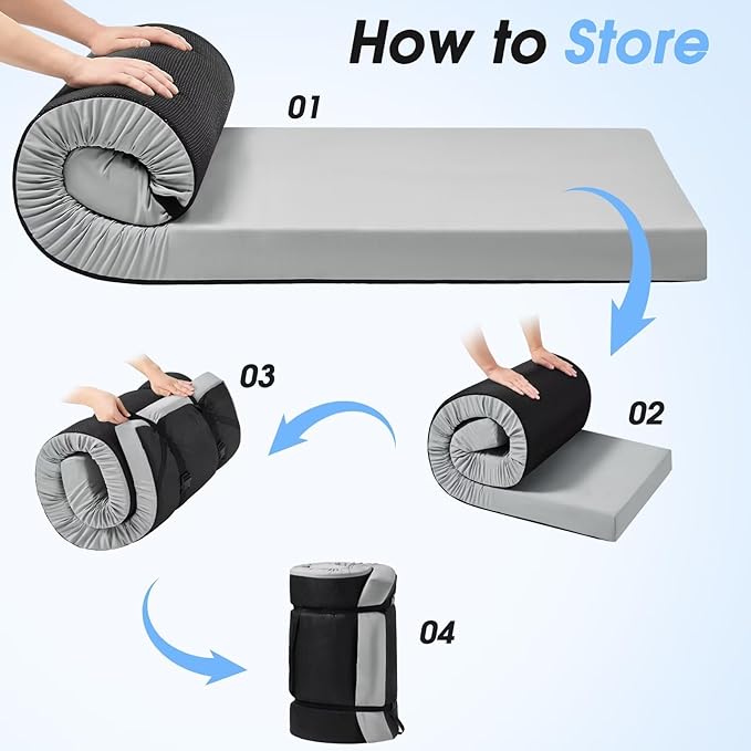 CYMULA Memory Foam Camping Mattress Pad,3inch Sleeping Pad for Camping,Non-Slip Bottom Floor Cot Car Mattress Bed with Retaining Portable Roll up Mattress Pad Mat for Travel Truck Guest Bed Tent