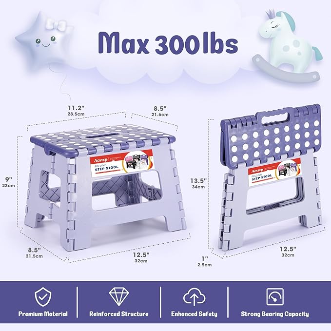 ACSTEP 9 Inch Folding Step Stool 300 LB Capacity Plastic Foldable Step Stools for Kids and Adults, Folding Stool Suitable for Kitchen, Stepping Stool with Handle Bicolor Purple Small Step Stool 1PC