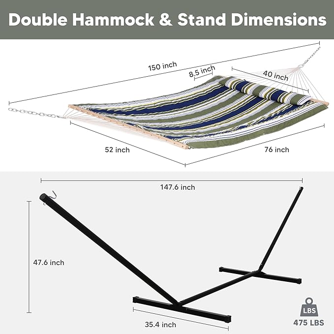 SUNCREAT Hammocks Double Outdoor Hammock with Stand, Cotton Rope Two Person Hammock with Polyester Pad & Large Pillow, Blue& Gray