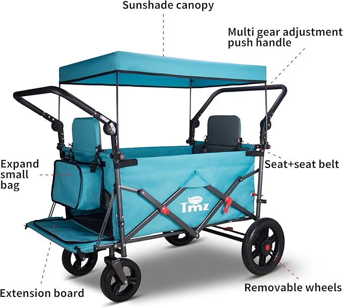 TMZ Foldable Wagon with Canopy, Collapsible Folding Wagon with Adjustable Handle Bar, Multi Functional Cart with Expansion Accessories, Front Expandable Transport Camping Wagon(Turquoise/Grey)