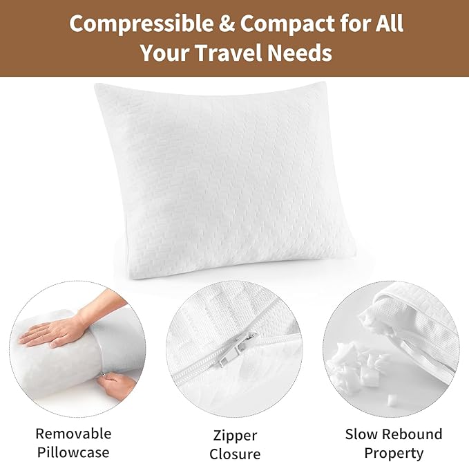 Small Shredded Memory Foam Pillow, Camping Pillow Travel Pillow - Compressible Medium Firm, Breathable Cover, Ideal Backpacking Hiking, Airplane and Car (Off-White, M)