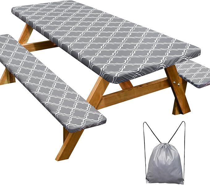 Picnic Table Cover with Bench Covers Camping Essentials Waterproof Windproof Camping Tablecloth with Drawstring Bag, Fitted Rectangle Tables and Seats, 96in, Grey