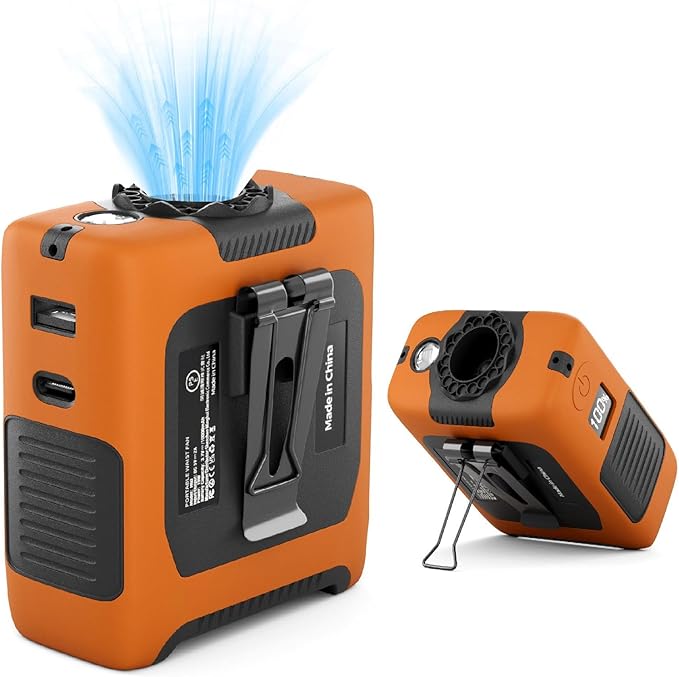 Portable Fan Wearable Personal Fan with 5 Speed Max 55 Working Hours Low Noise Portable Neck Fans Cooling Waist Fans for Camping Traveling LED Light Power Display 10000mAh Power Bank(Orange)