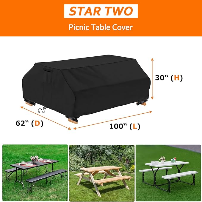 STARTWO Waterproof Picnic Table Cover Outdoor Patio Bench Covers for 8 ft Picnic Table Bench Set Windproof 96 Inch Black