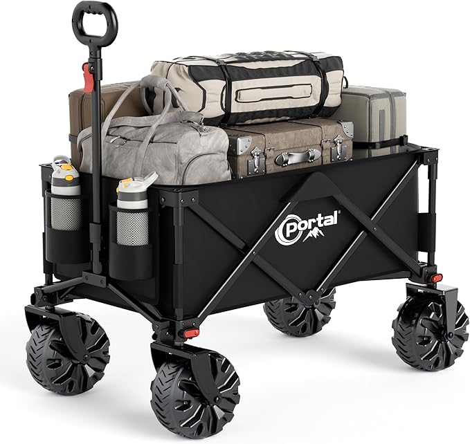 PORTAL Collapsible Folding Utility Wagon, Foldable Wagon Carts Heavy Duty, Large Capacity Beach Wagon with All Terrain Wheels, Outdoor Portable Wagon for Camping, Garden, Shopping, Groceries, Black