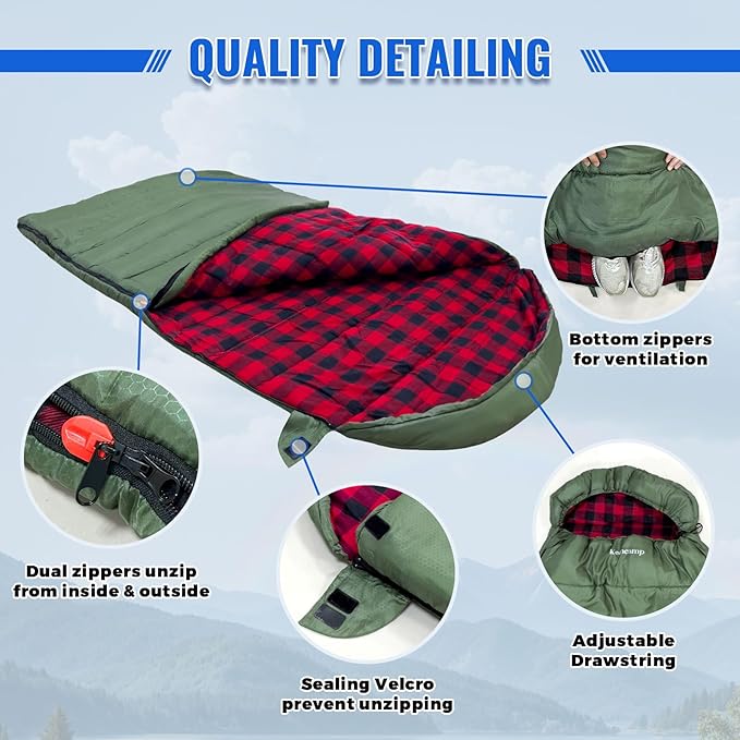 0 Degree Sleeping Bag Cotton Flannel Winter Cold Weather for Adults XXL Sleeping Bag 4 Season Big and Tall with Pillow Compression Sack