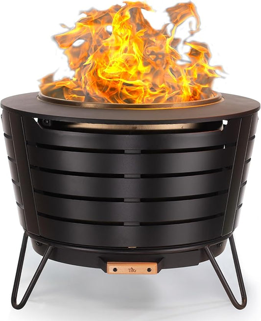 TIKI 25-Inch Smokeless Patio Fire Pit, Wood Burning with Removable Ash Pan & Weather-Resistant Cover, Modern Black Design – Ideal Outdoor Smokeless Fire Pit for Backyard & Patio