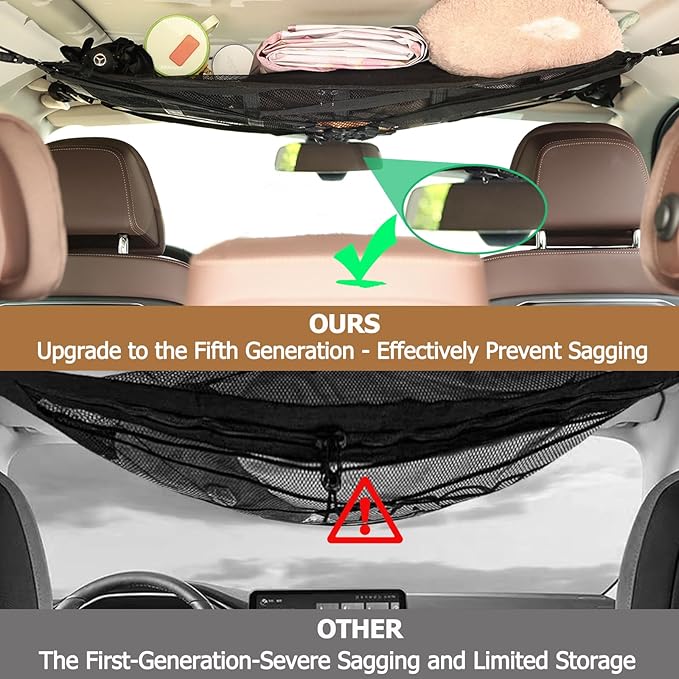 Universal Car Ceiling Cargo Net Pocket(25x34x44Inch)-Overhead Storage Organizer for SUV, Truck, Camping & Road Trips - Durable Mesh Interior Accessories for Travel Gear
