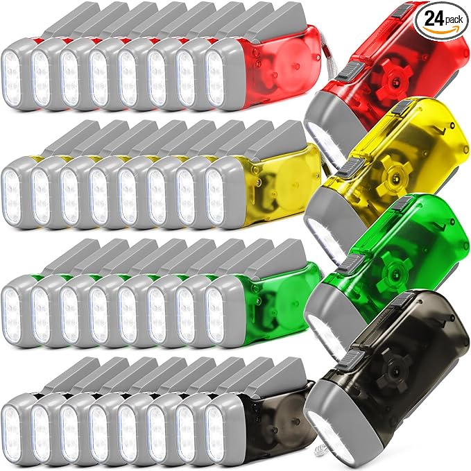Mudder 24 Pieces Hand Crank Flashlight with LED Self Powered Charging Torch Dynamo for Camping Emergency(Red, Grey, Yellow, Green)