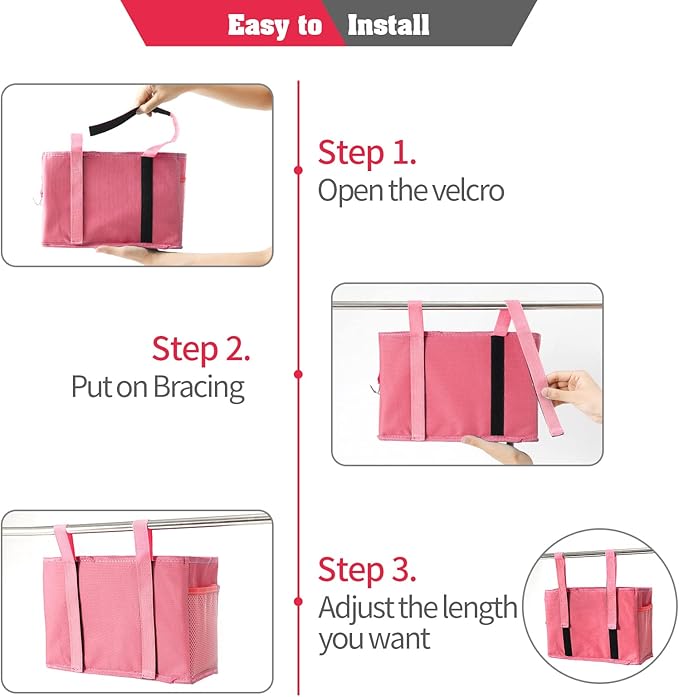 Bunk Bed Organizer, Bedside Caddy Hanging Bed Organizer Storage Bag with 4 Pockets and 2 Hooks, for College Dorm Rooms Bed, Hospital Bed, Baby Bed Rails, 600D Oxford Cloth (Pink)