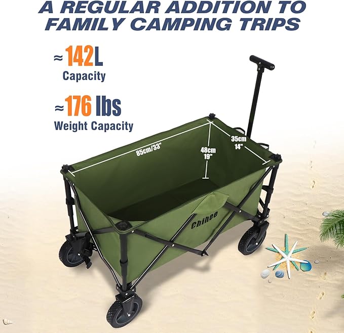 Chihee Folding Beach Wagon Cart Garden Cart Heavy-Duty with 2 Cup Holders,Camp Cart for Gimballed Wheels with Braking System Large Capacity Removable Fabric,for Sporting Events,Camping,Beach Trips
