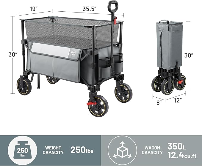 Timber Ridge 350L Extra Large Collapsible Folding Wagon Carts with Brake, Heavy Duty Outdoor Camping Utility Wagons with Extended Height, Adjustable Handle, Cup Holders, Side Bag (Gray)