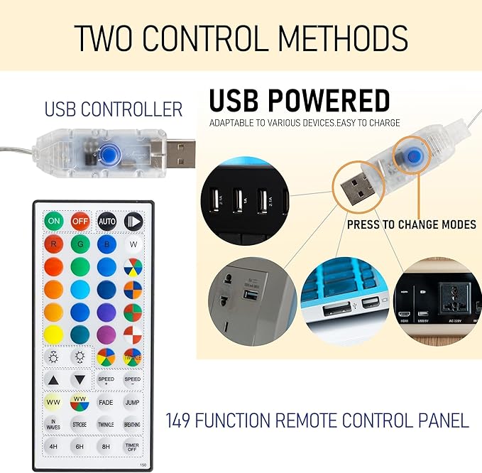 TW Shine Color Changing Fairy Lights, 100 LED 32.8 FT USB RGB Copper Wire Christmas String Lights with Remote & Timer for Indoor Outdoor Xmas Tree Party Wedding Christmas Decorations