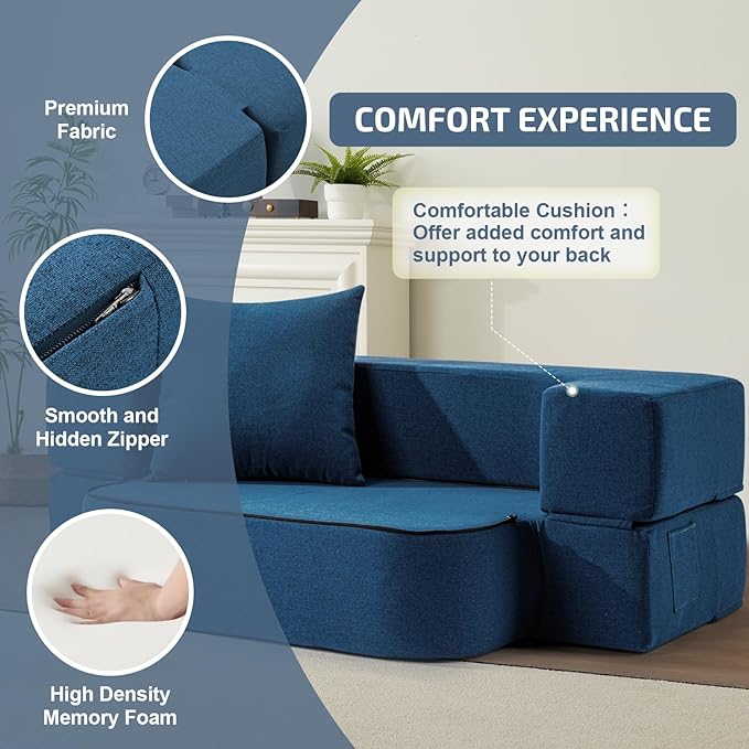 2-in-1 Folding Sofa Bed with Pillow - Folding Chair Floor Couch & Sleeping Mattress - Washable Cover & Memory Foam Sleeper Chair for Living Room/Guest Room/Apartment/Loft, Navy Blue